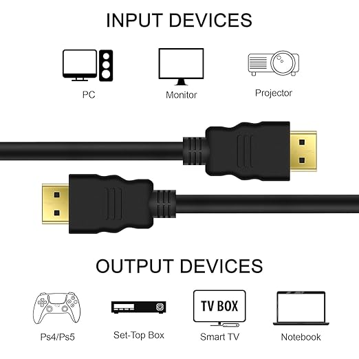 Bağlantı noktalarına sahip HDMI kablosu, giriş ve çıkış cihazlarına bağlı.