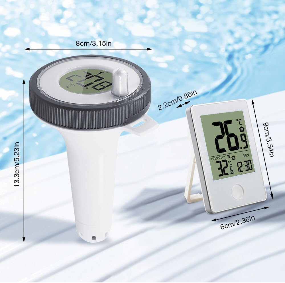 Ein Poolthermometer und ein digitaler Thermometer werden nebeneinander gezeigt.
