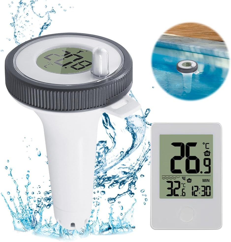 Ein digitaler Poolthermometer-Sender mit spritzendem Wasser und ein Empfänger.
