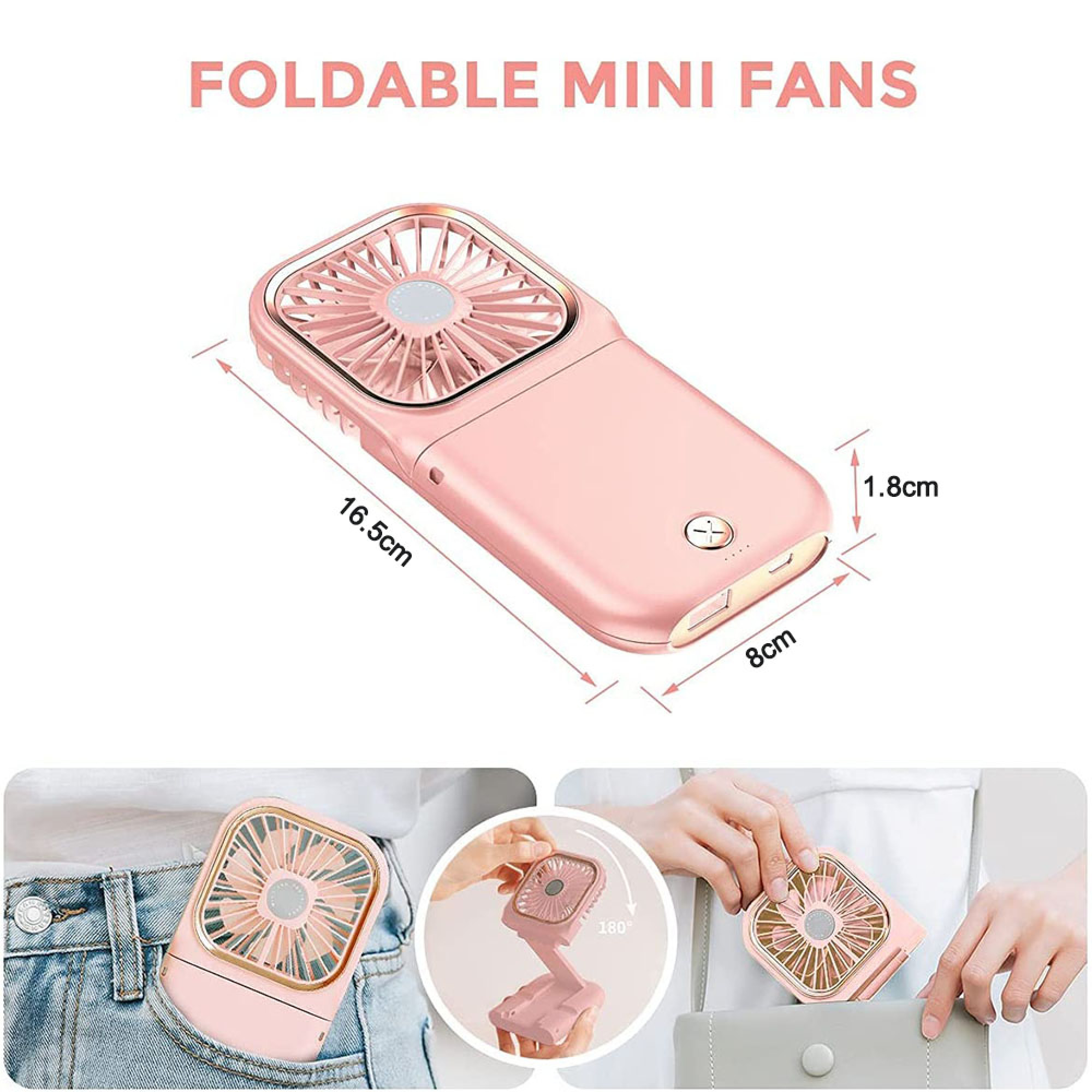 Ein rosa Mini-Ventilator mit Maßen 16,5x8x1,8cm.