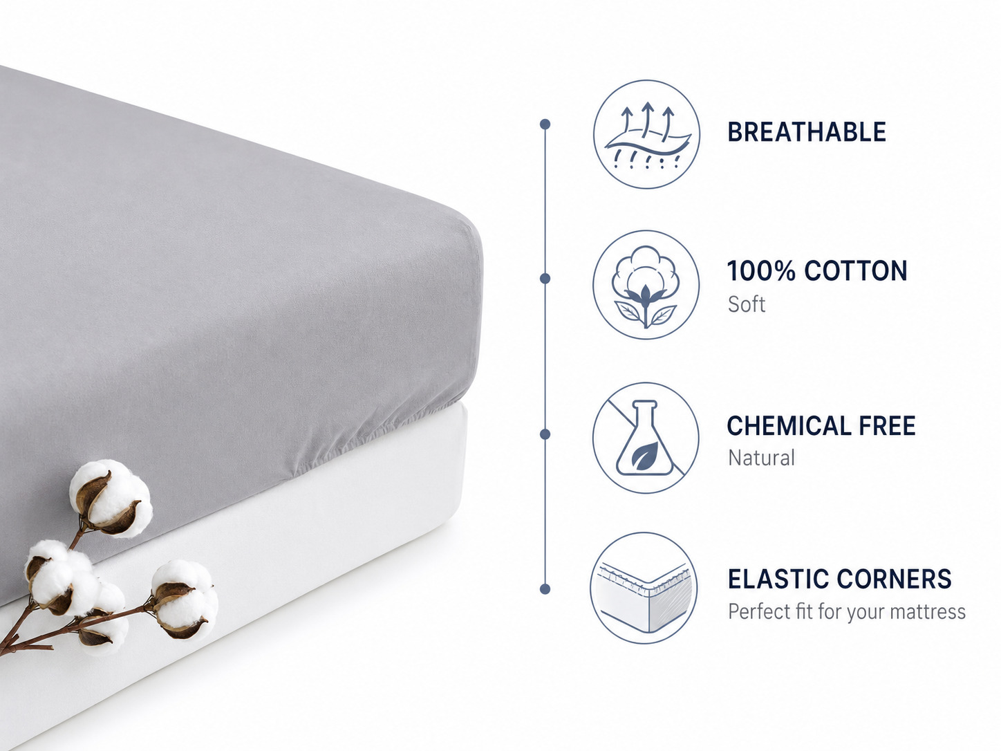 Ropa de cama gris con ramas de algodón, transpirable, 100% algodón, sin químicos.