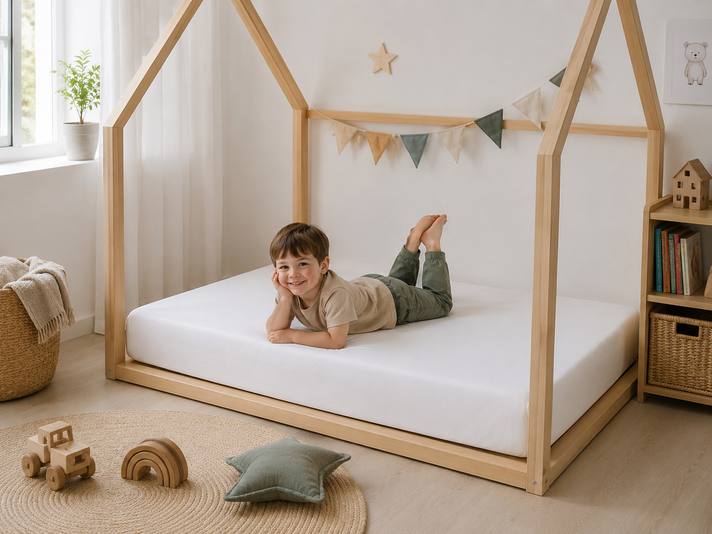 Un nio yace en un colchn blanco en una cama de casa de madera. Juguetes en alfombra.