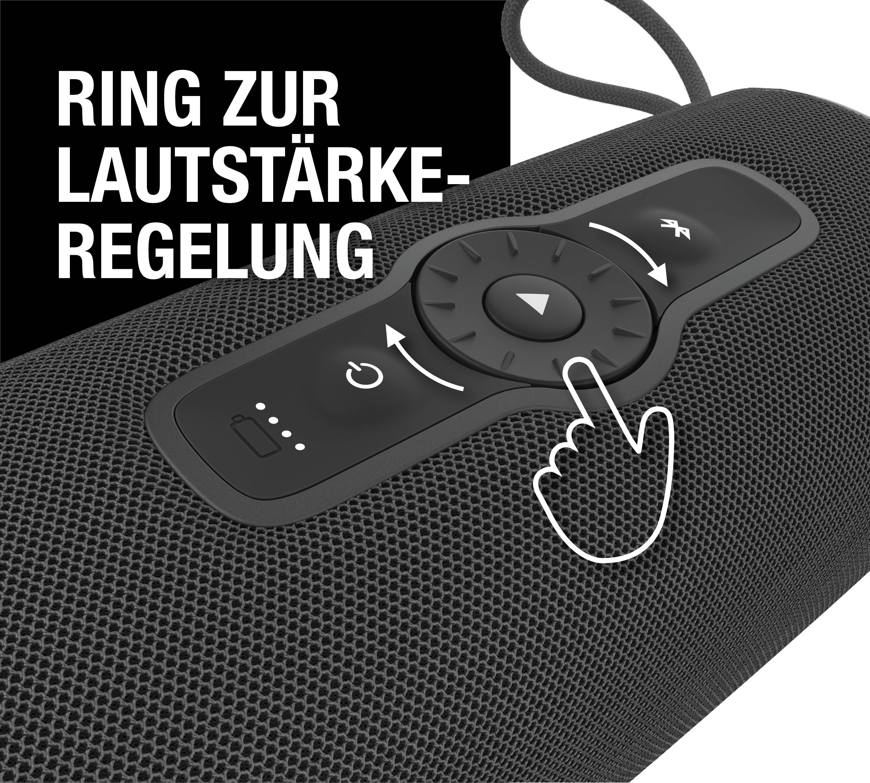 Schwarzer Lautsprecher mit Bedienelementen und Pfeilen, die die Lautstärke regeln.