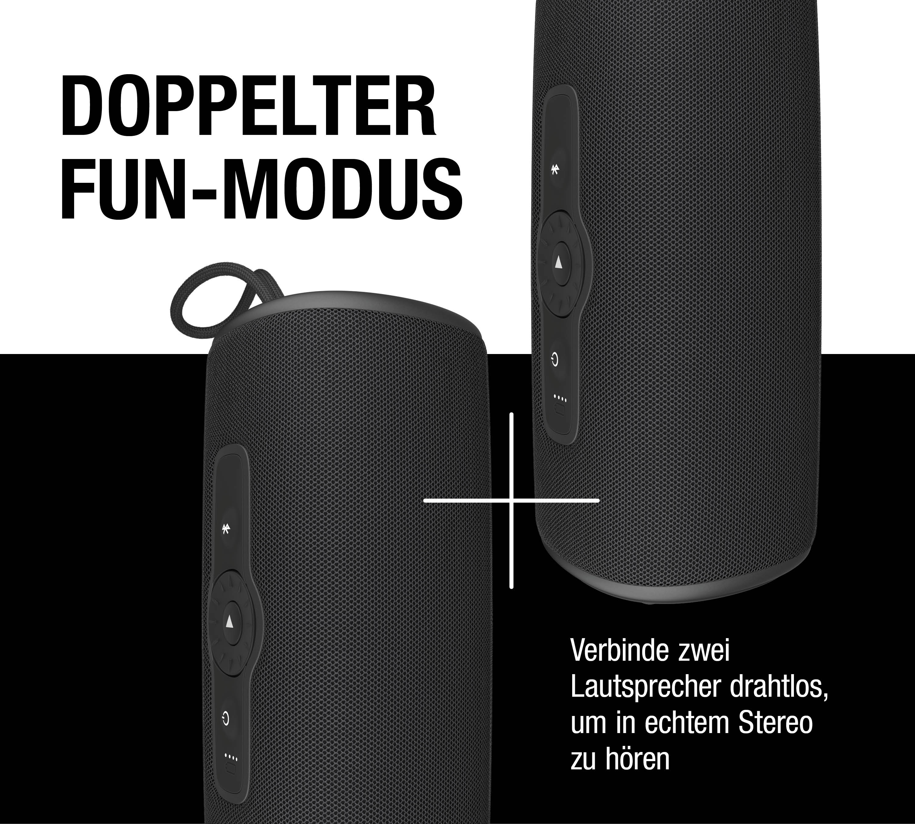 Zwei schwarze Lautsprecher mit Bedienelementen, verbunden für Stereo.