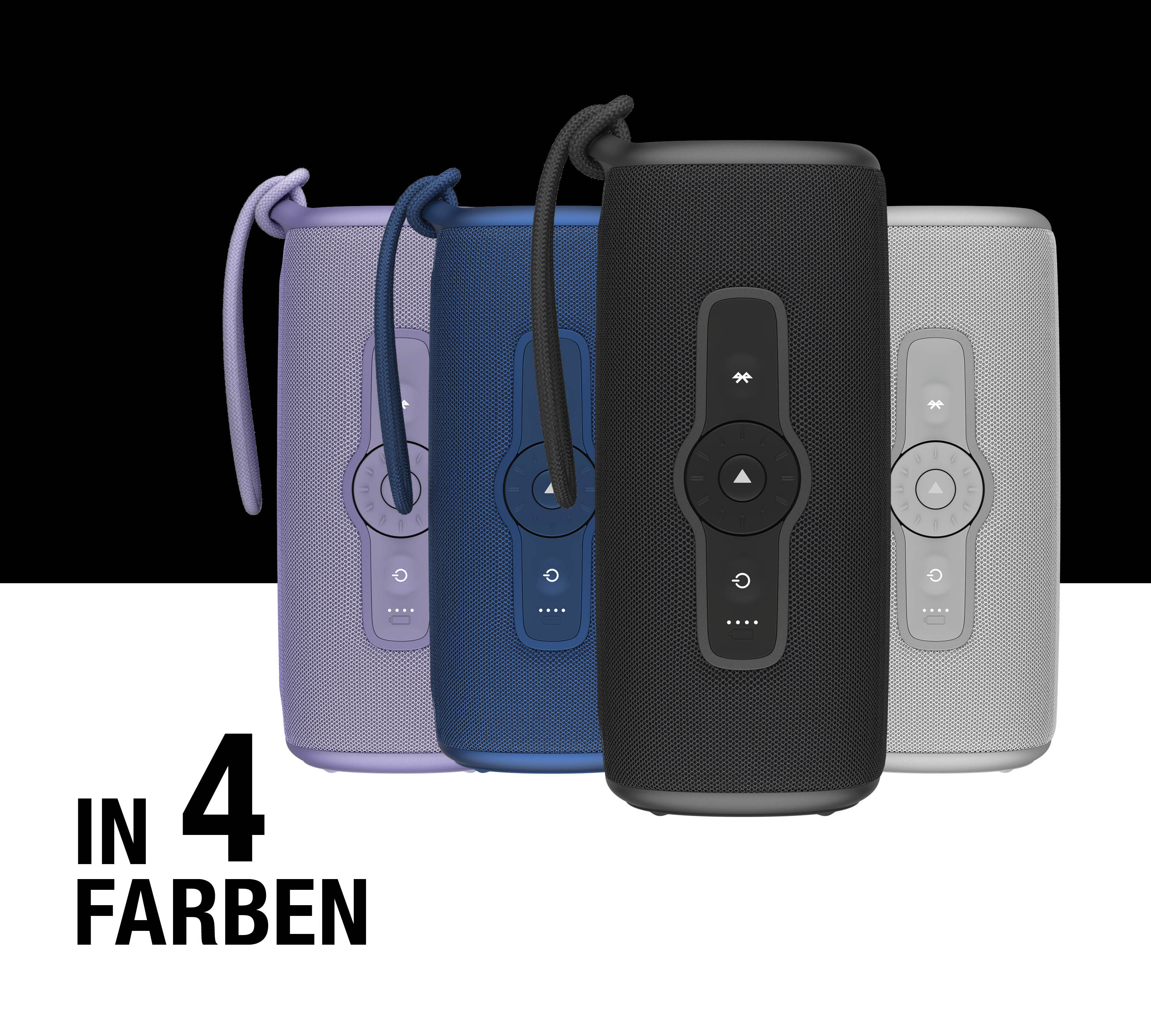 Vier Bluetooth-Lautsprecher in Lila, Blau, Schwarz und Grau nebeneinander.