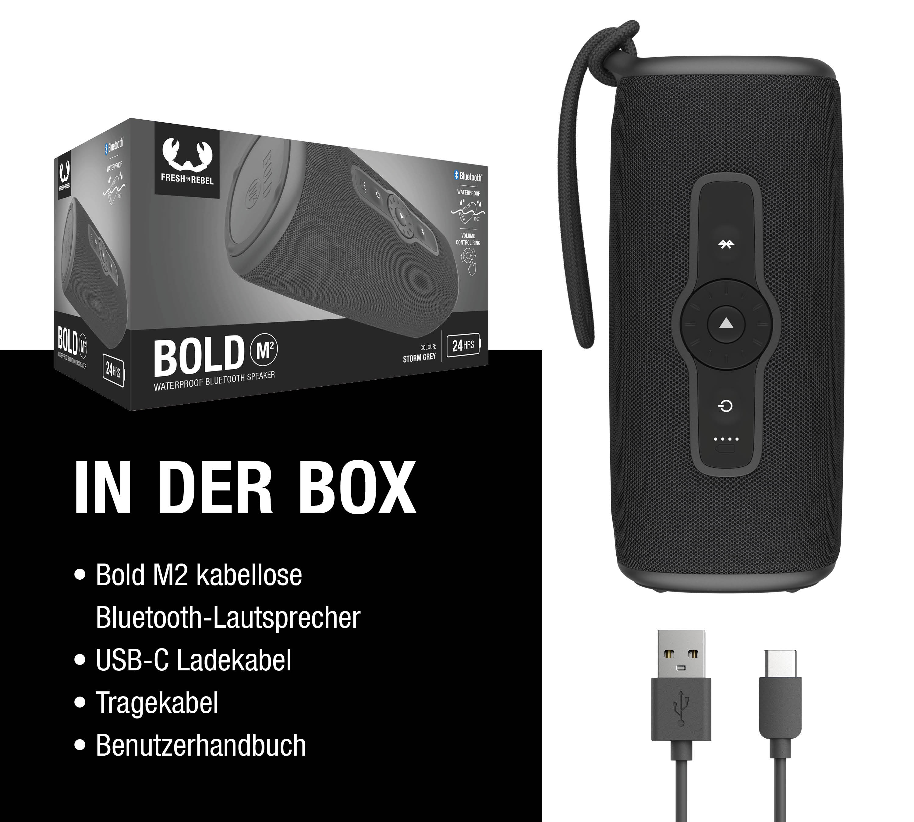 Schwarzer Bluetooth-Lautsprecher mit Zubehör und Verpackung.