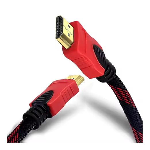 Beyaz arka plan üzerinde kırmızı ve siyah konektörlü iki HDMI kablosu.