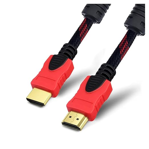 Altın konektörlü ve siyah, kırmızı örgülü kablolu iki kırmızı HDMI kablosu.
