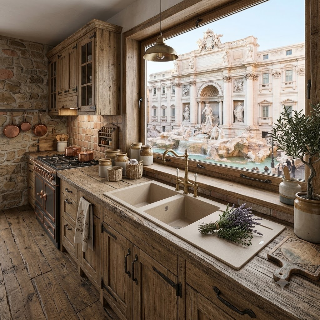 Cucina rustica con vista sulla Fontana di Trevi a Roma.
