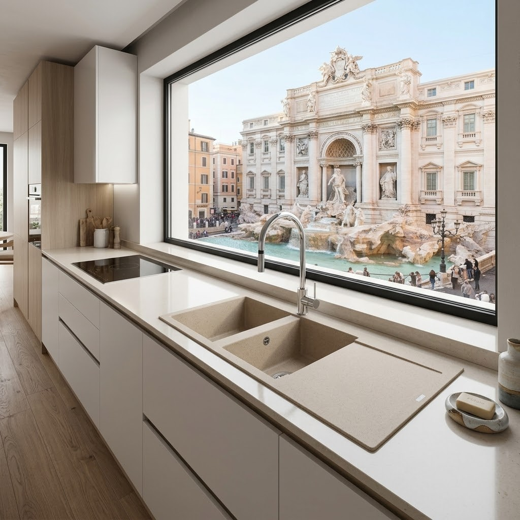 Cucina moderna con vista sulla Fontana di Trevi, Roma. Piani chiari, doppio lavello.
