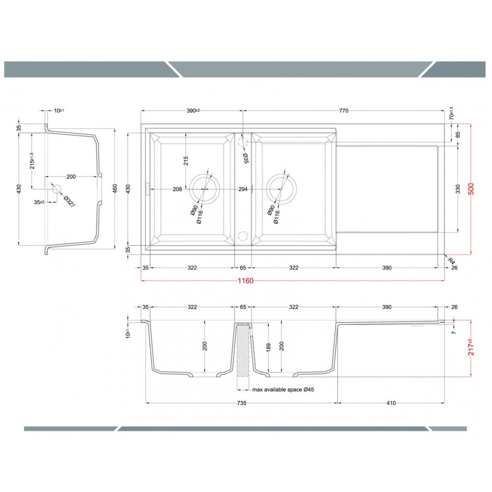 Disegno tecnico di un lavello doppio con dimensioni e viste.
