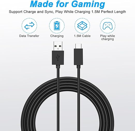 Veri aktarımı, şarj, 1,5M ve oyun simgeli siyah USB-A - USB-C kablosu.