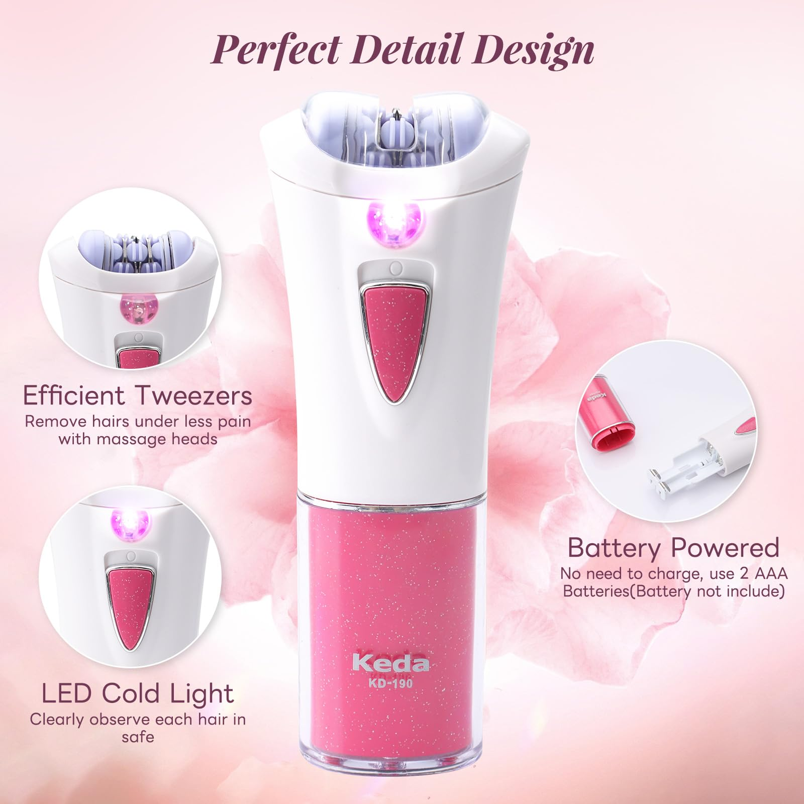 Ein weißer Epilierer mit rosa Akzenten und LED-Licht, der für die Haarentfernung gedacht ist.