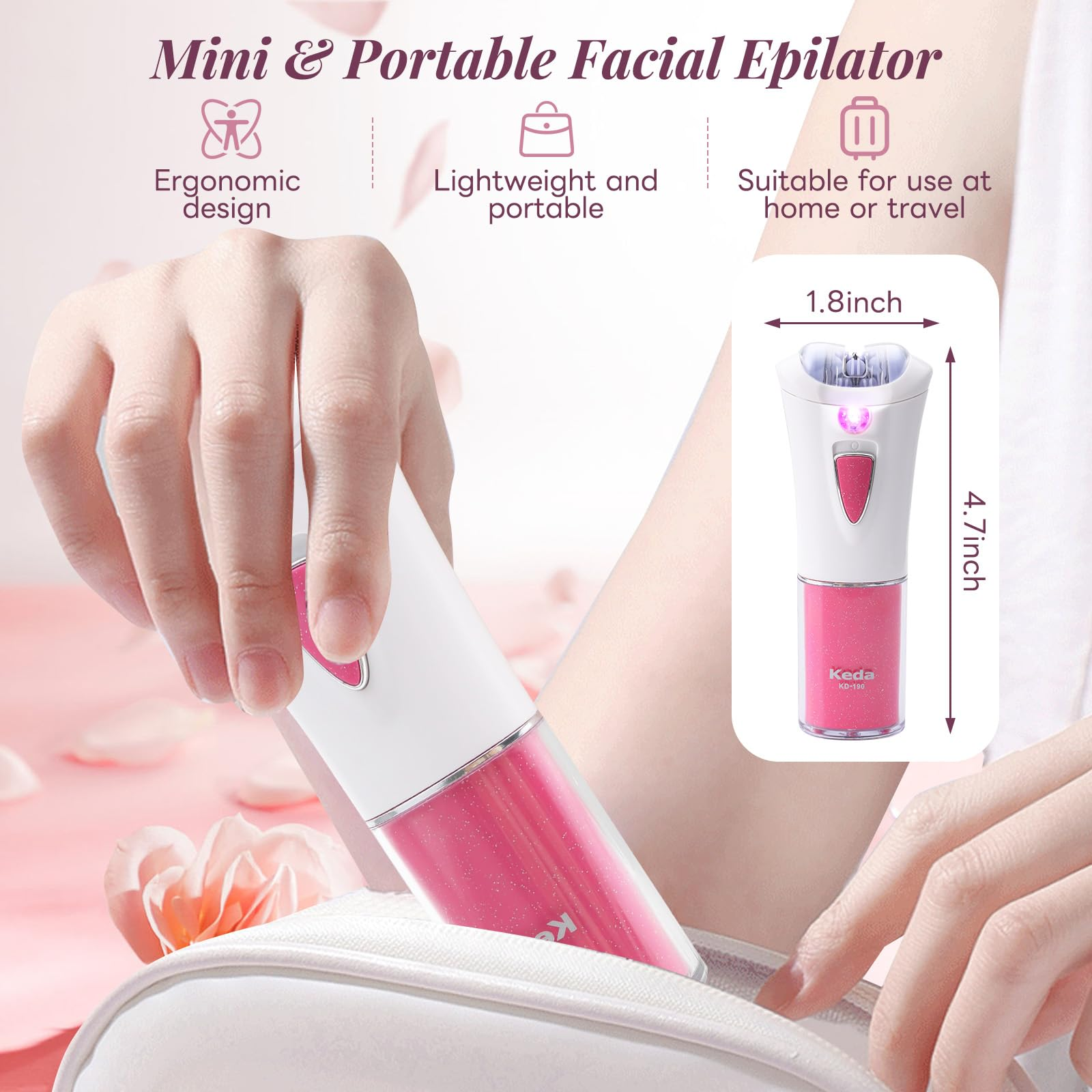 Ein weißer und pinker Epilierer mit den Maßen 1,8x4,7 Zoll wird gezeigt.