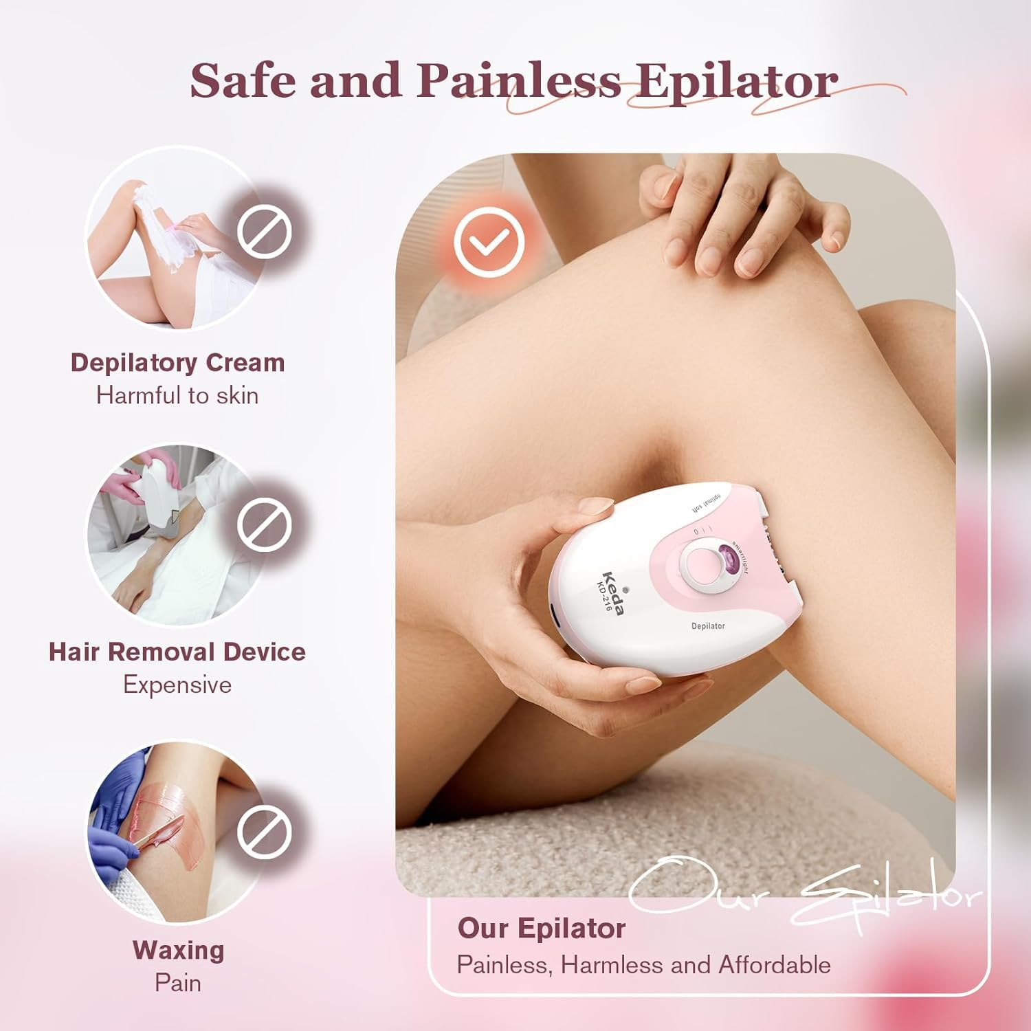 Ein pink-weißer Epilierer wird am Bein einer Person verwendet. Andere Methoden sind mit roten Kreisen dargestellt.