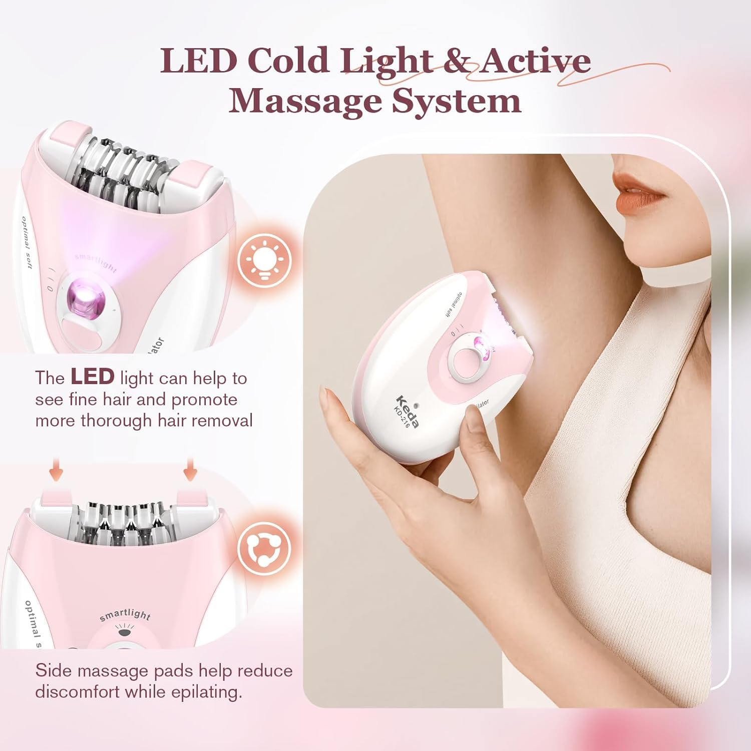 Ein rosa Epilierer mit LED-Licht wird unter dem Arm verwendet.