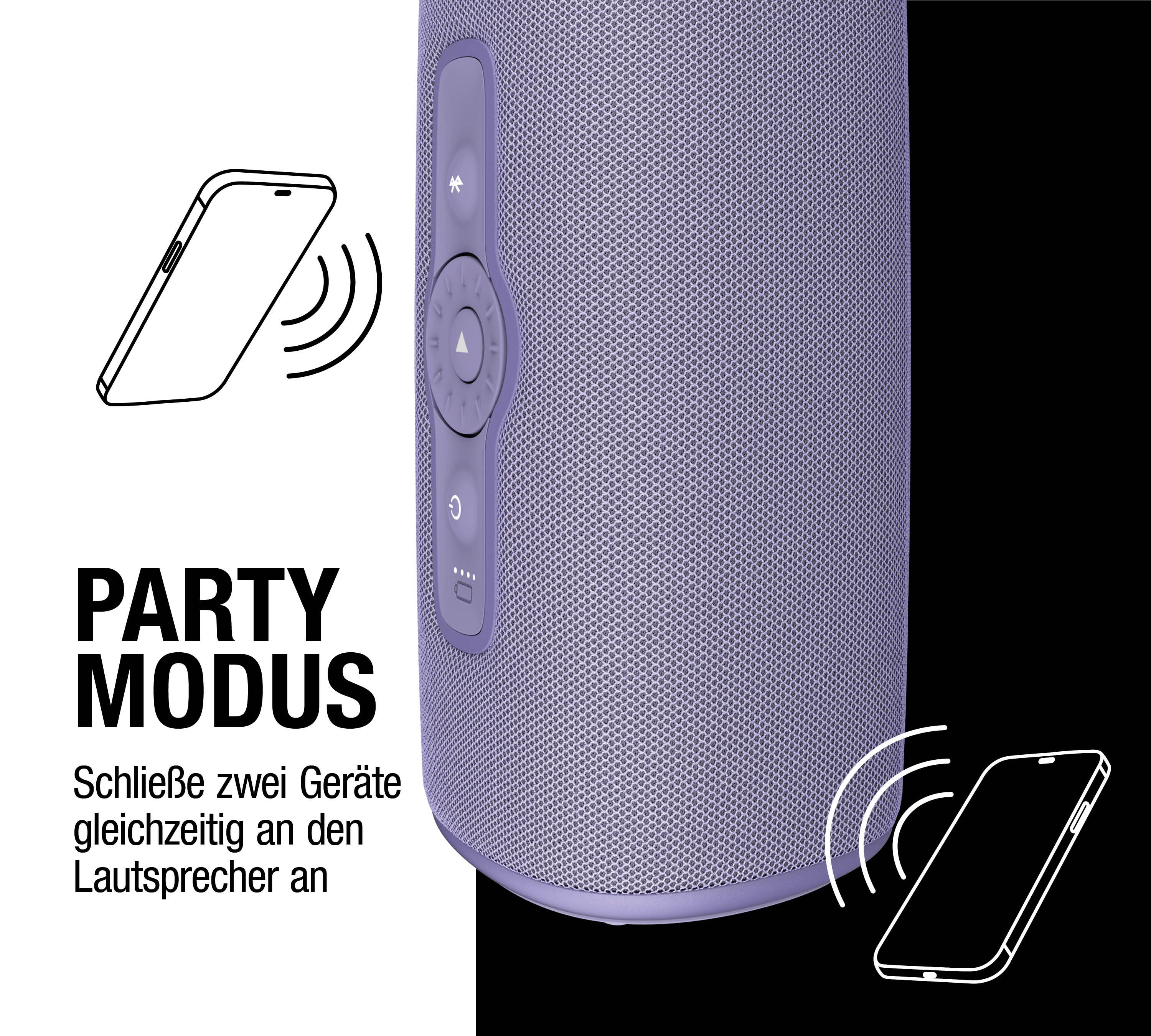 Illustration von zwei Smartphones, die sich mit einem lila Lautsprecher verbinden.