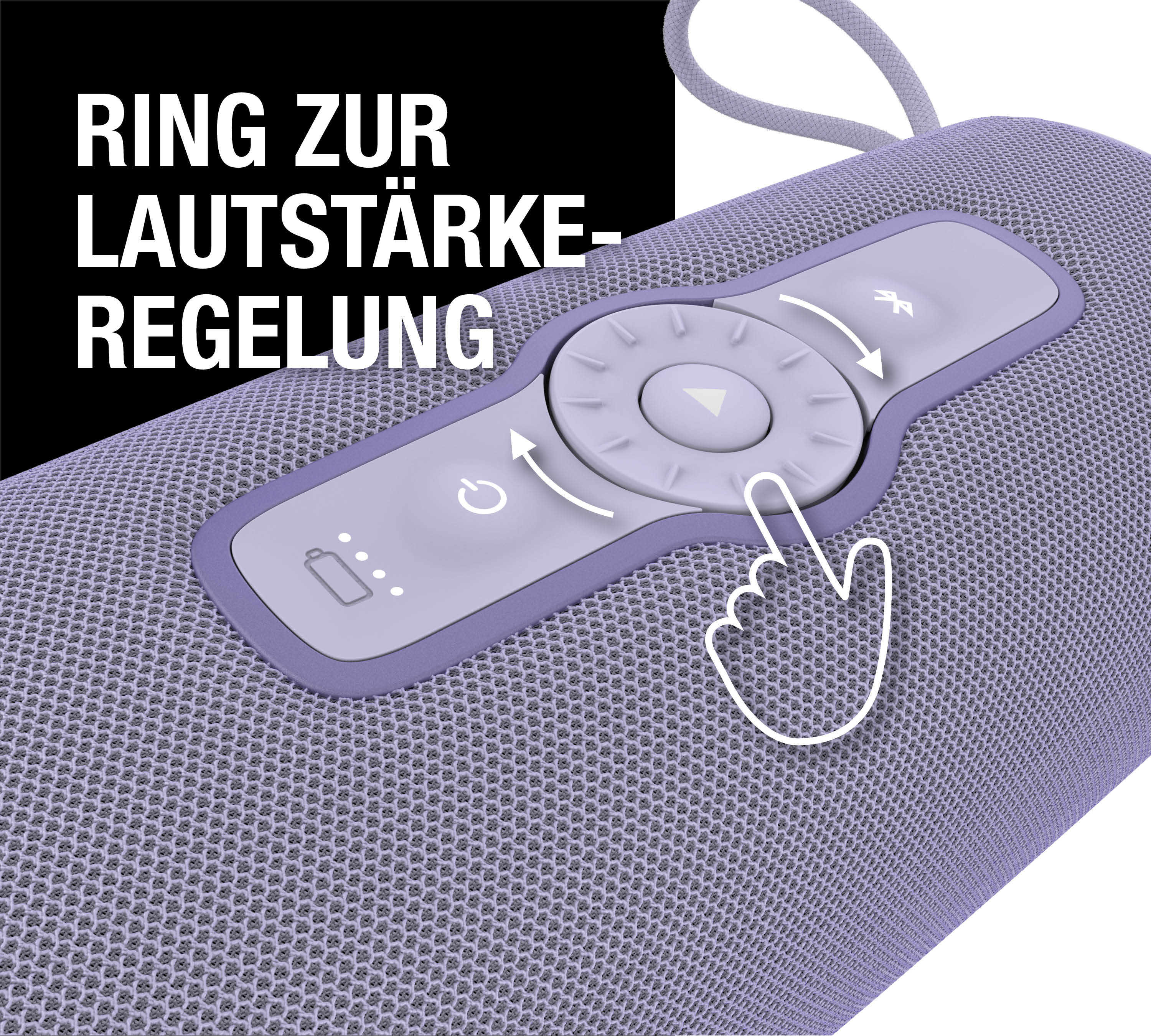 Lila Lautsprecher mit Bedienelementen und einem Finger-Symbol, das Lautstärke anzeigt.