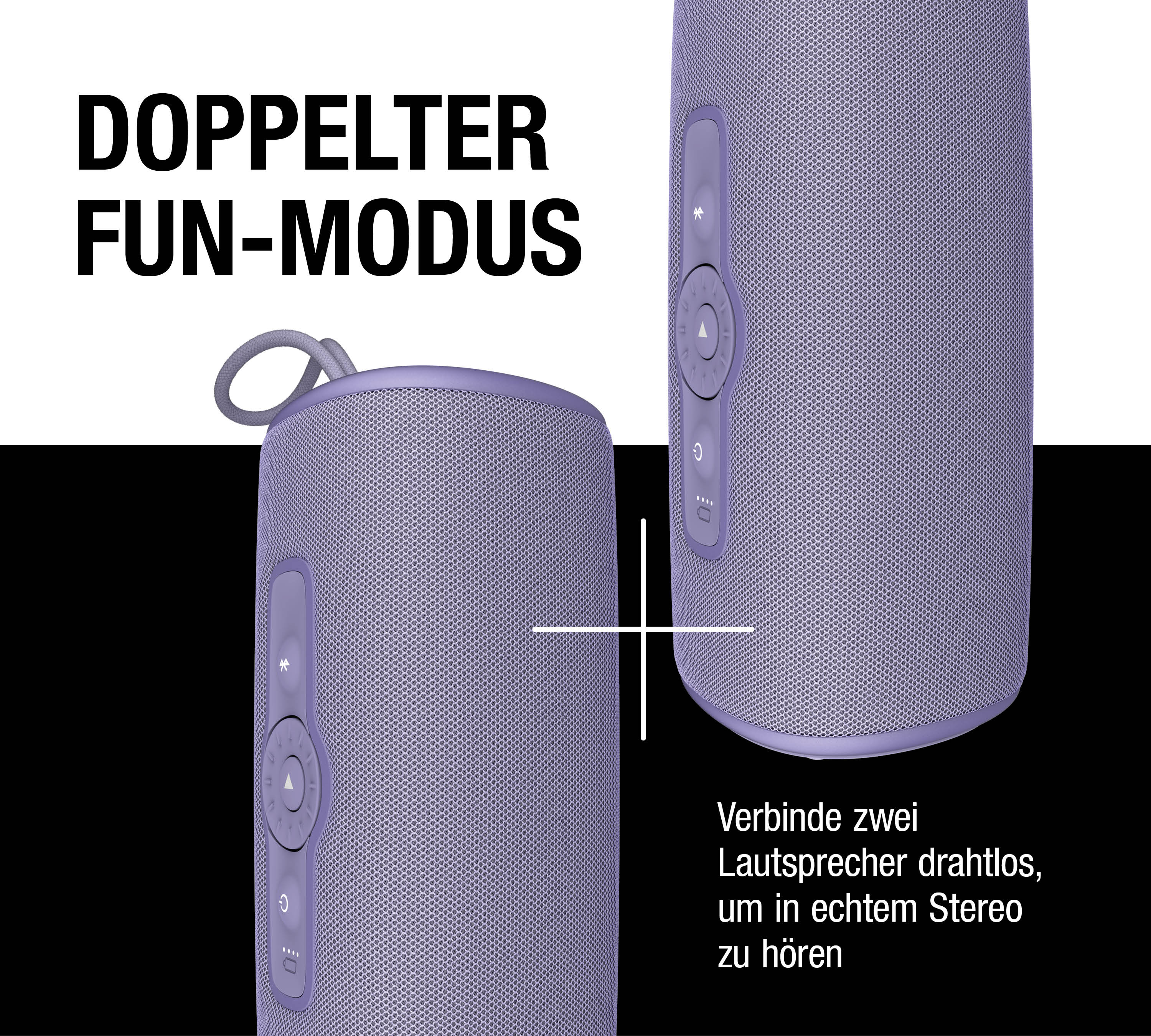 Zwei lila Lautsprecher mit Bedienelementen und Text.