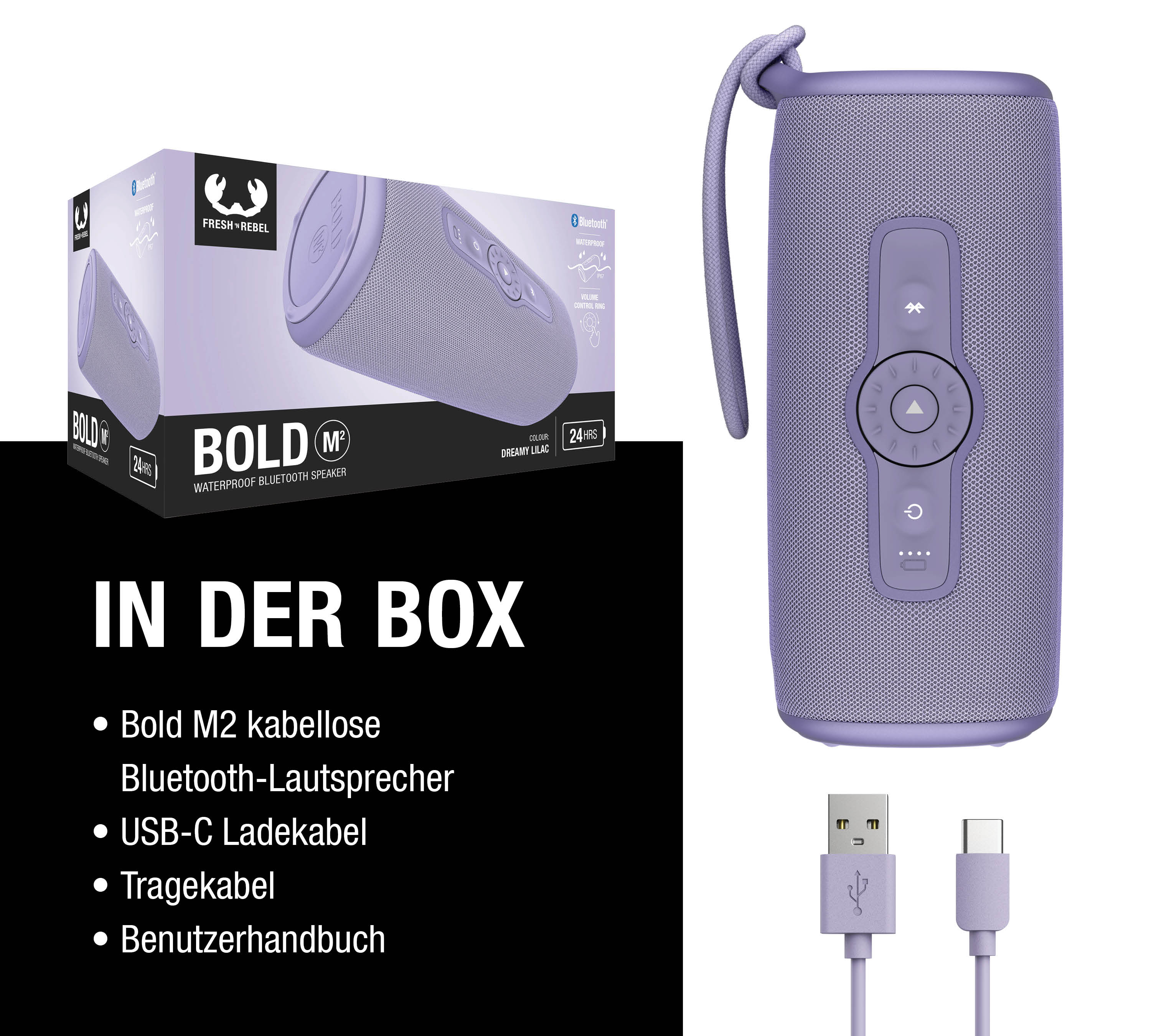Lila Bluetooth-Lautsprecher mit Verpackung, Kabeln und „In der Box“-Liste.