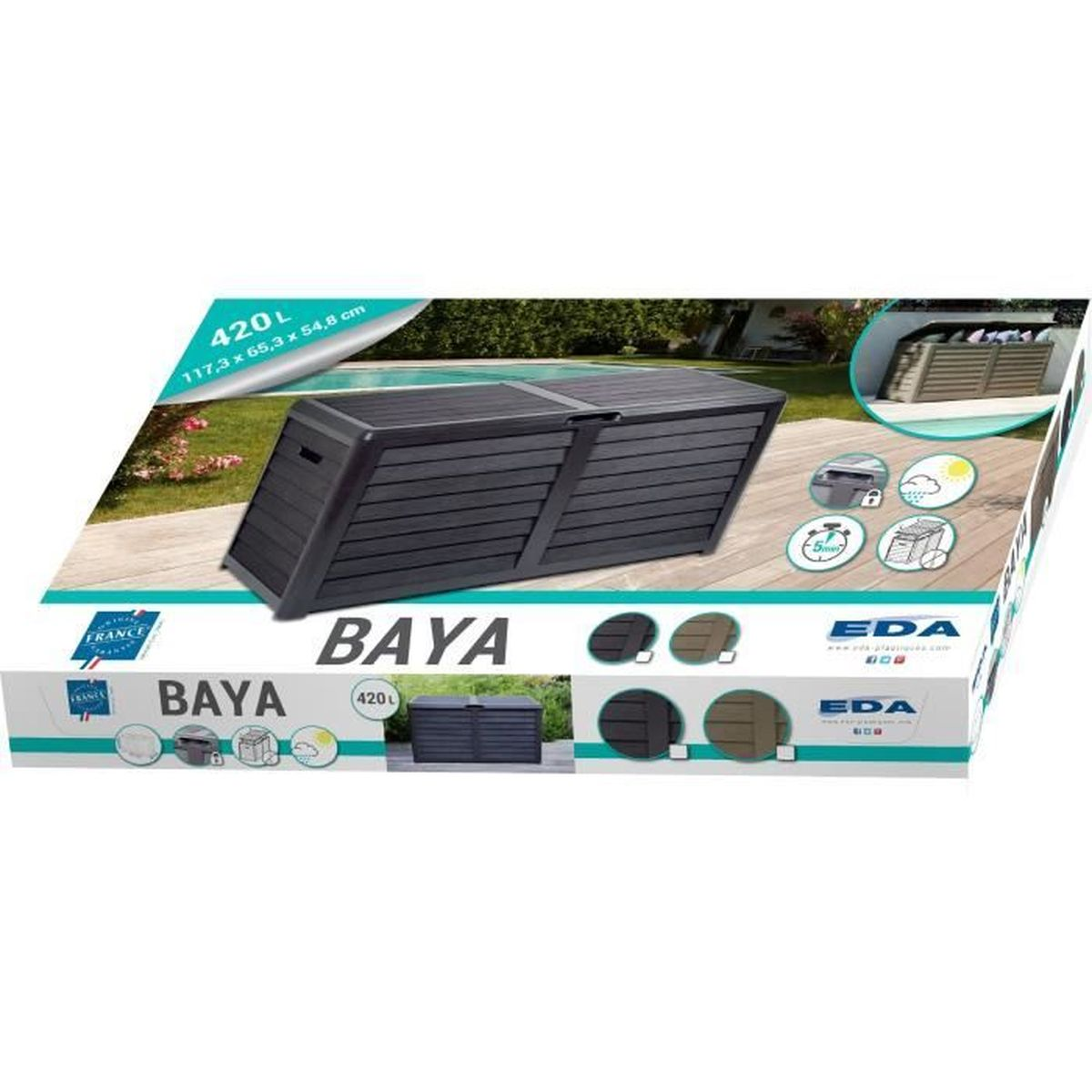 Dunkelgraue Gartenbox BAYA mit Deckel, 420L, auf Holzdeck neben Pool.