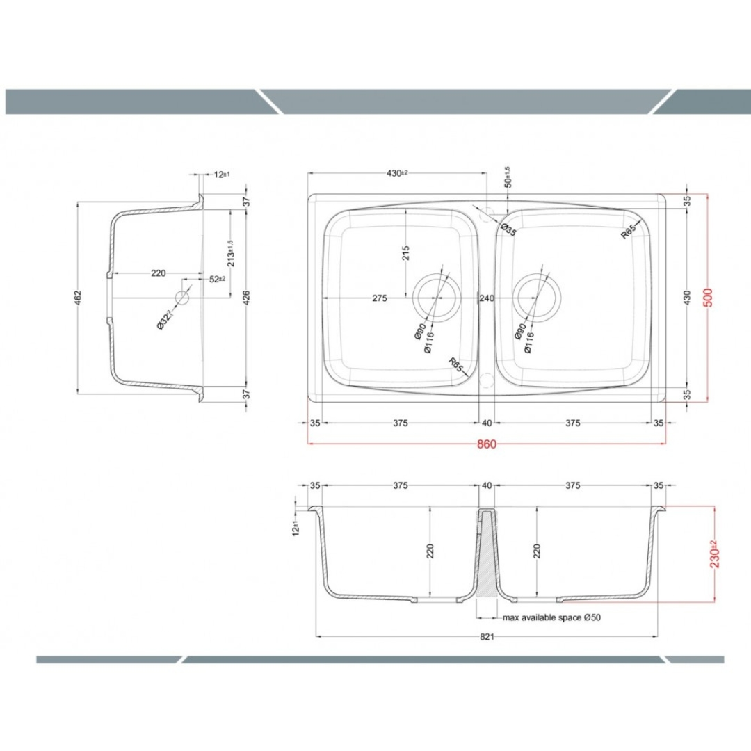 Disegno tecnico di un lavello doppio con dimensioni e dettagli.