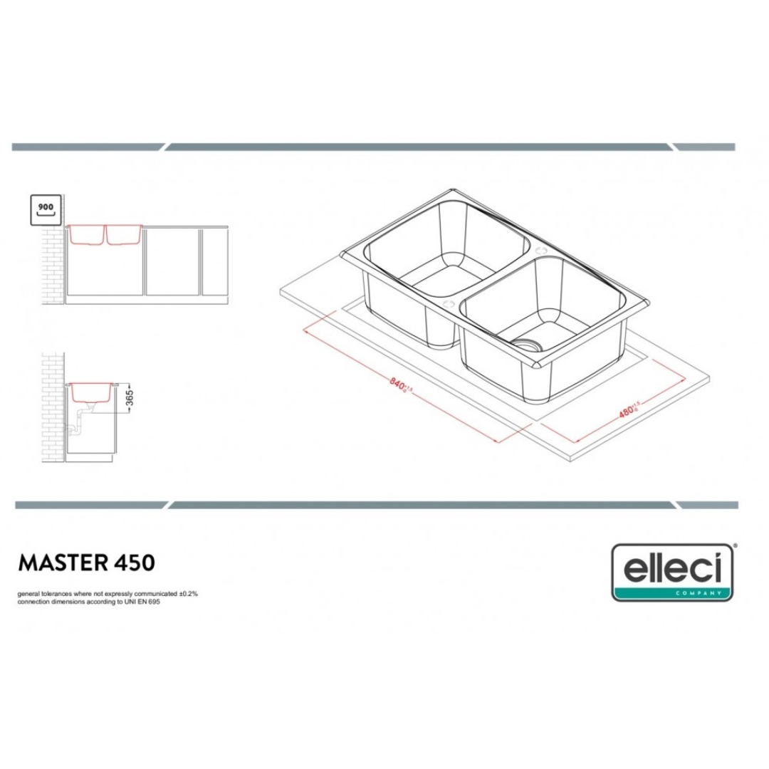 Disegno tecnico di un lavello doppio con dimensioni 840x480 mm.