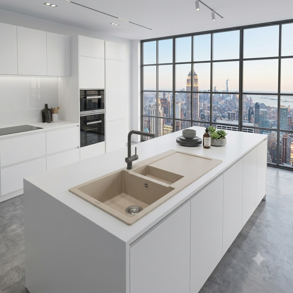 Cucina moderna bianca con isola, lavello e vista sulla città.