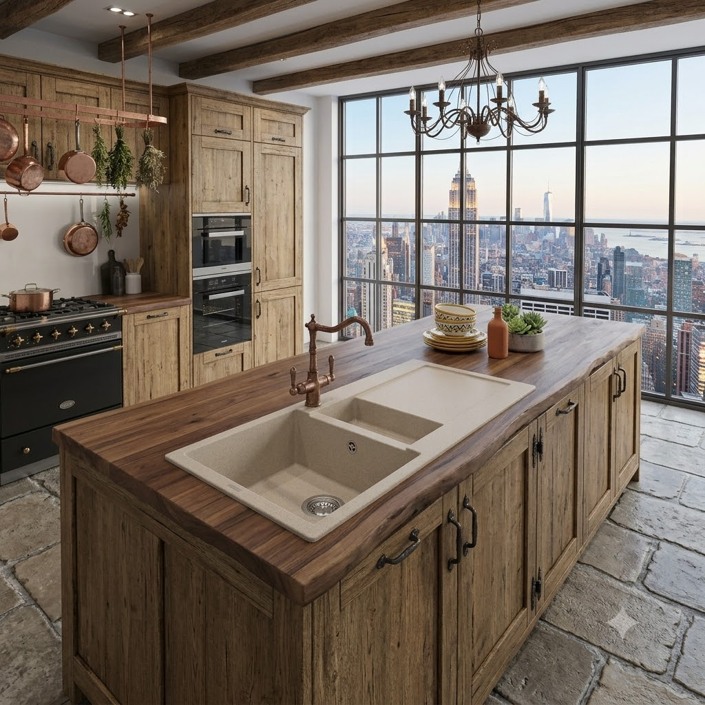 Cucina rustica con doppio lavello e vista sulla città.