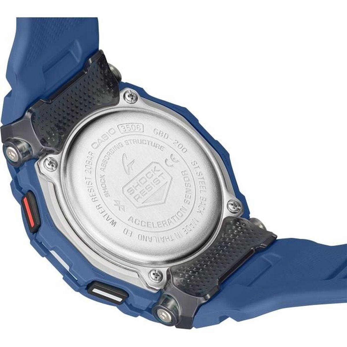 Rückseite einer blauen Casio G-Shock Uhr mit Metallgehäuse und Beschriftung.