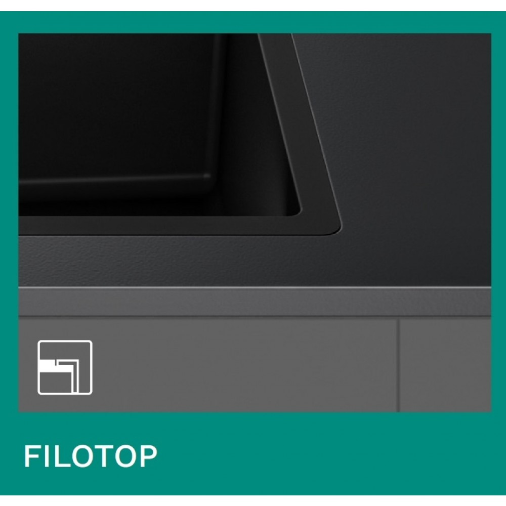 Primo piano di un lavello e piano di lavoro neri con icona minimalista e testo FILOTOP.