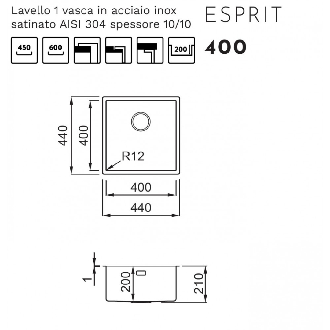 Disegno tecnico di un lavello con dimensioni e simboli.
