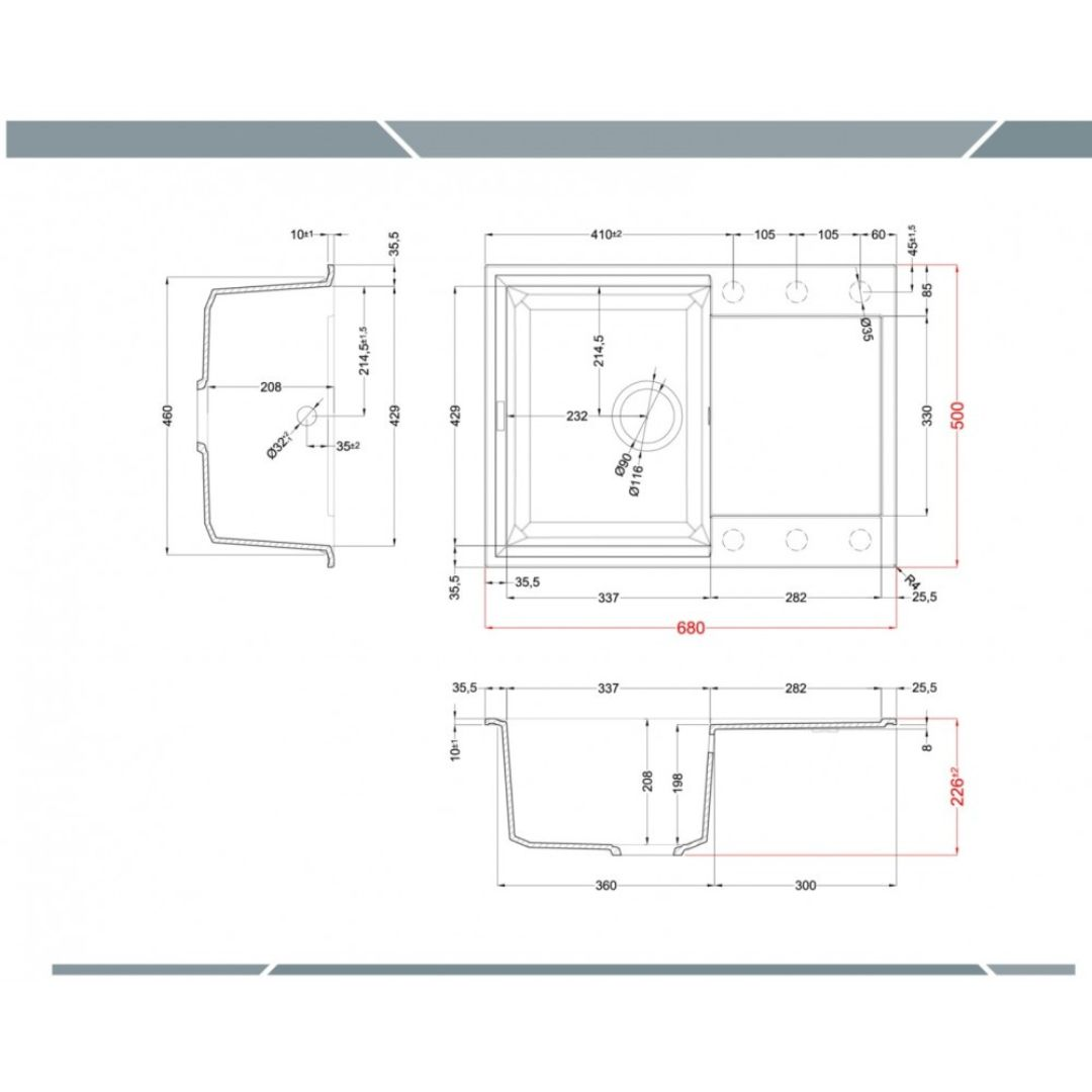 Disegno tecnico di un lavello con dimensioni. Viste dall'alto, laterale e in sezione.