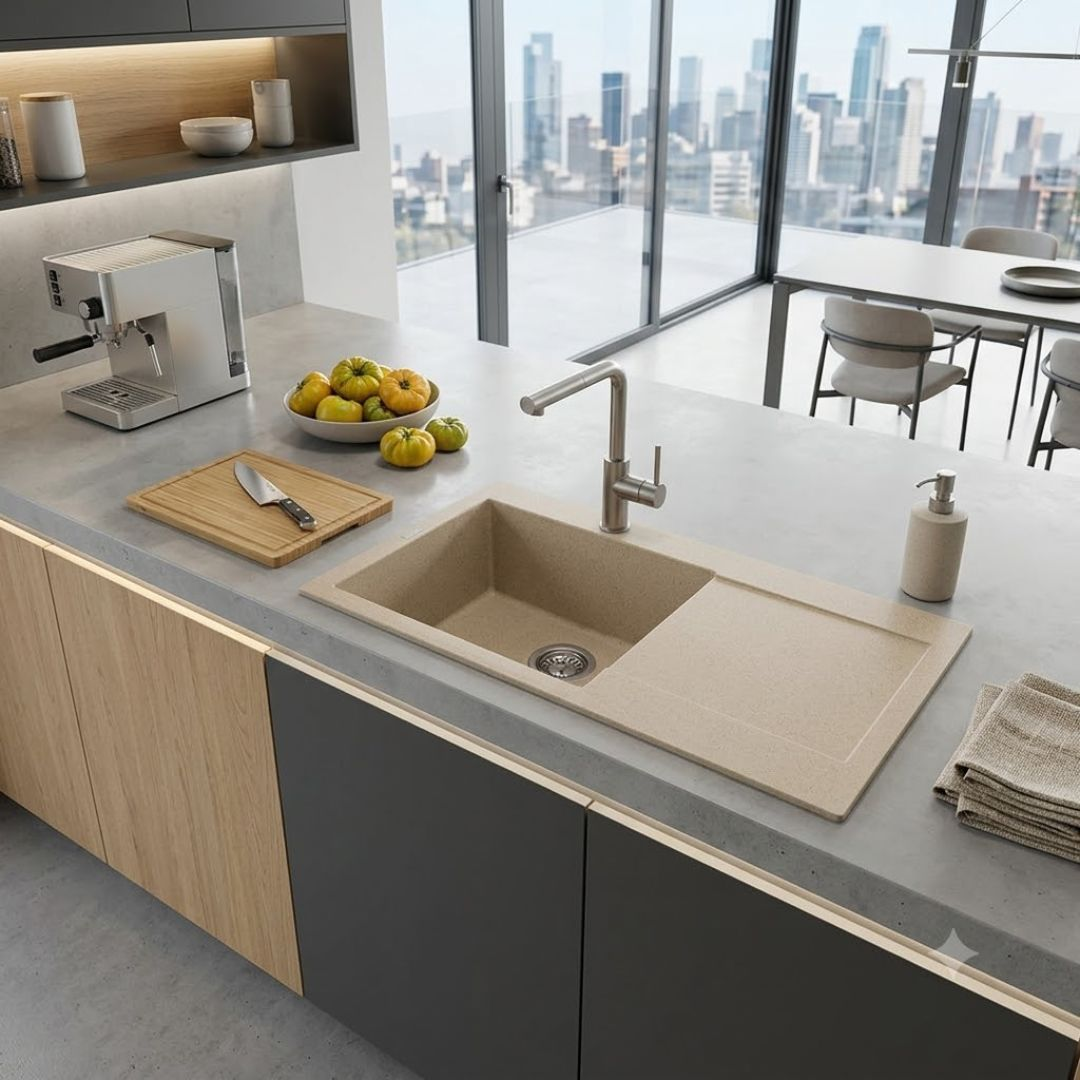Cucina moderna con lavello, macchina da caffè e ciotola di frutta che si affaccia sulla città.