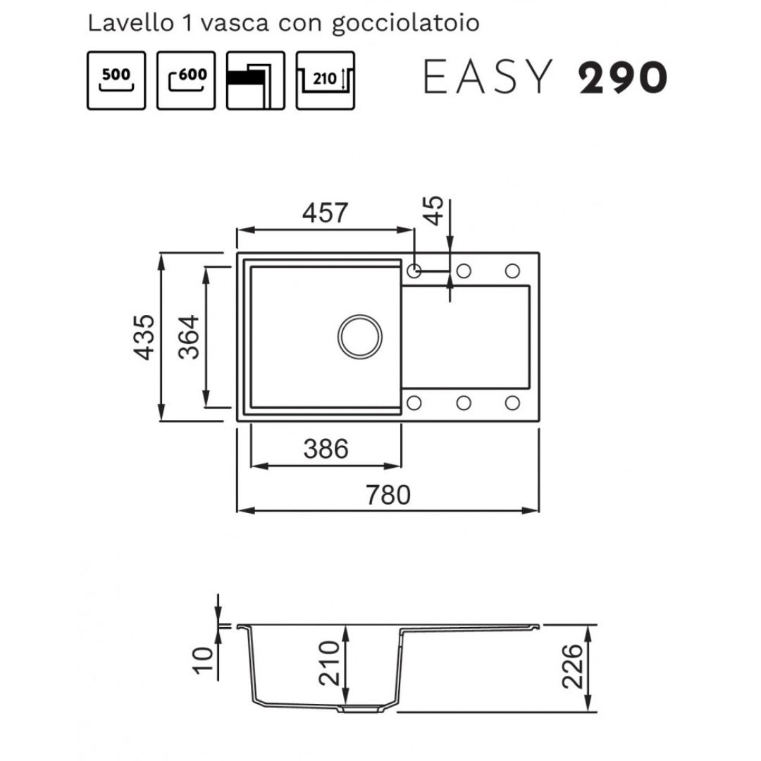 Disegno tecnico di un lavello con gocciolatoio, con dimensioni indicate.