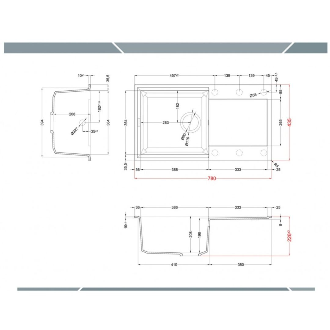 Disegno tecnico di un lavello con dimensioni e viste.