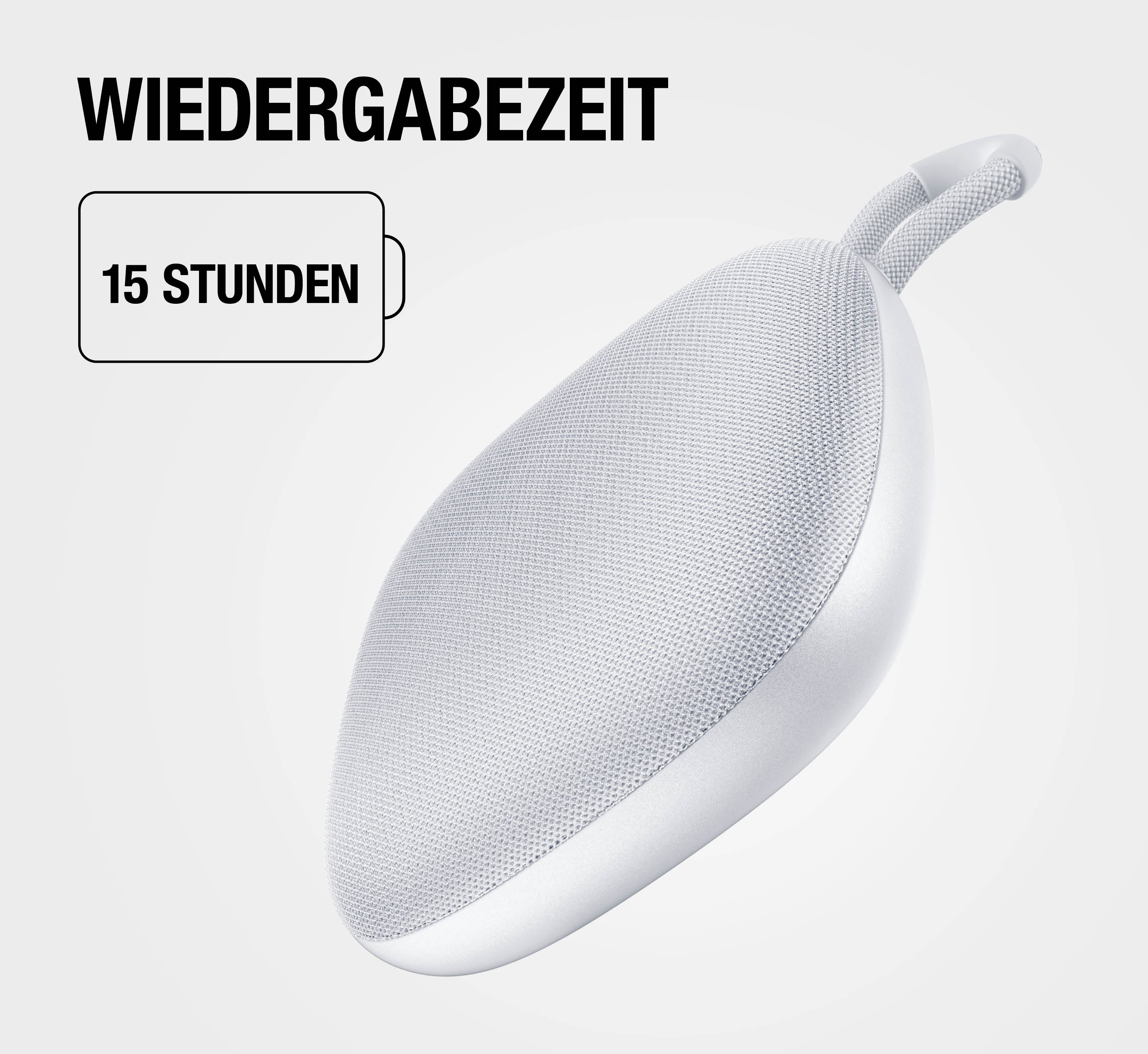 Ein weißer Bluetooth-Lautsprecher mit 15 Stunden Wiedergabezeit.