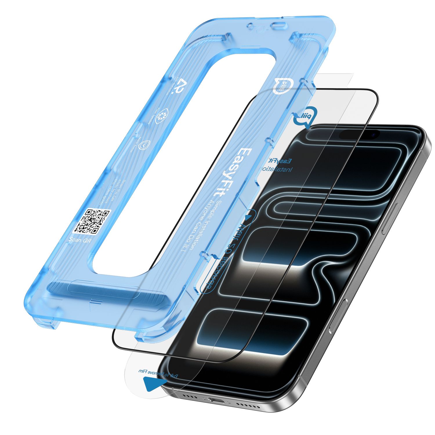 Mavi kurulum çerçeveli, camlı ve talimatlı telefon ekran koruyucu kit.