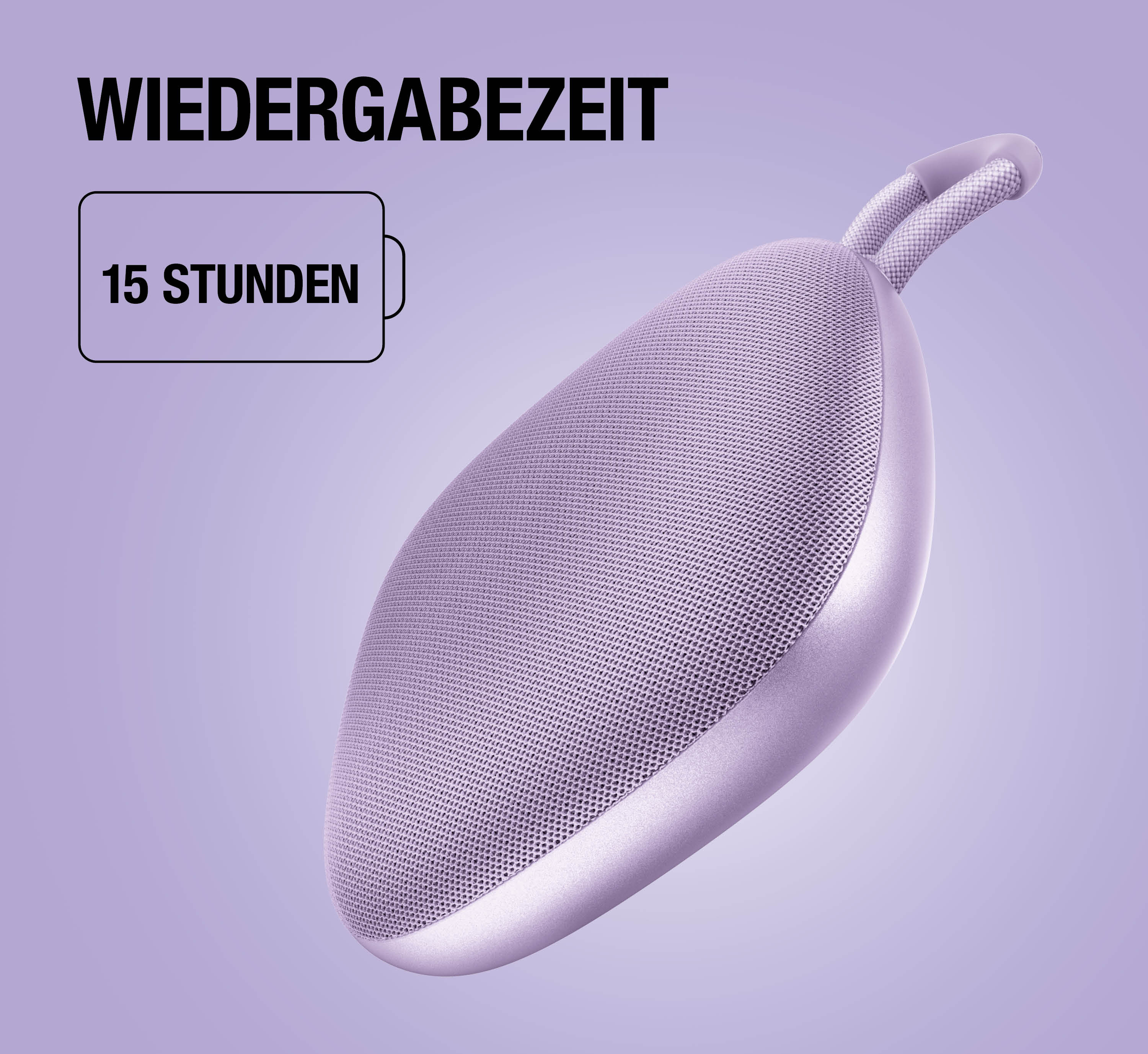 Lila Lautsprecher mit 15 Stunden Wiedergabezeit auf lila Hintergrund.