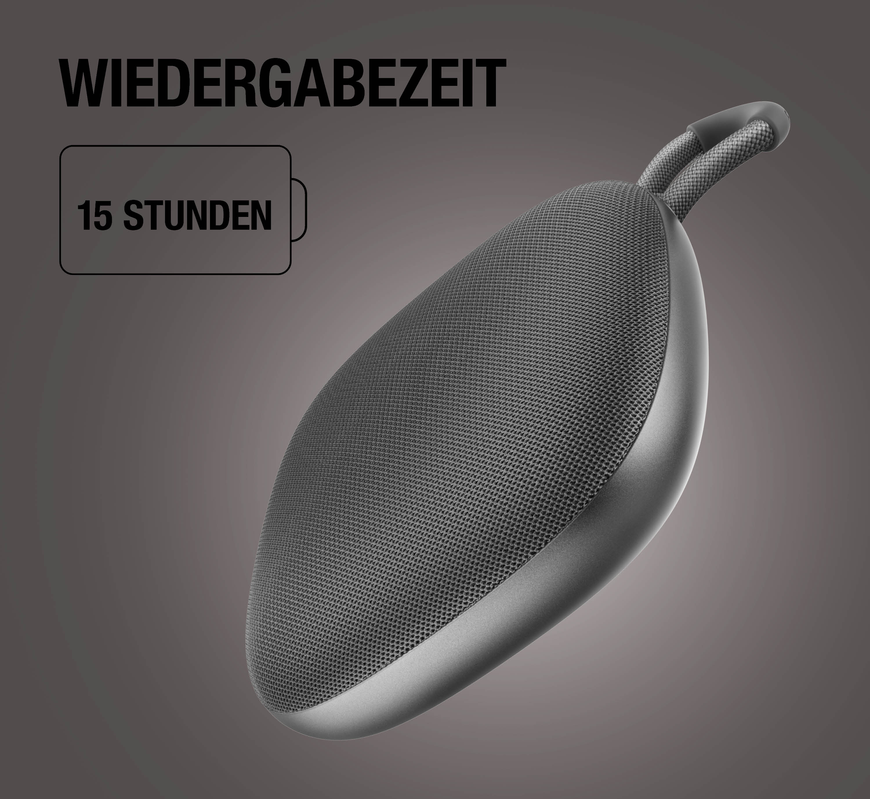 Grauer Lautsprecher mit 15 Stunden Wiedergabezeit.