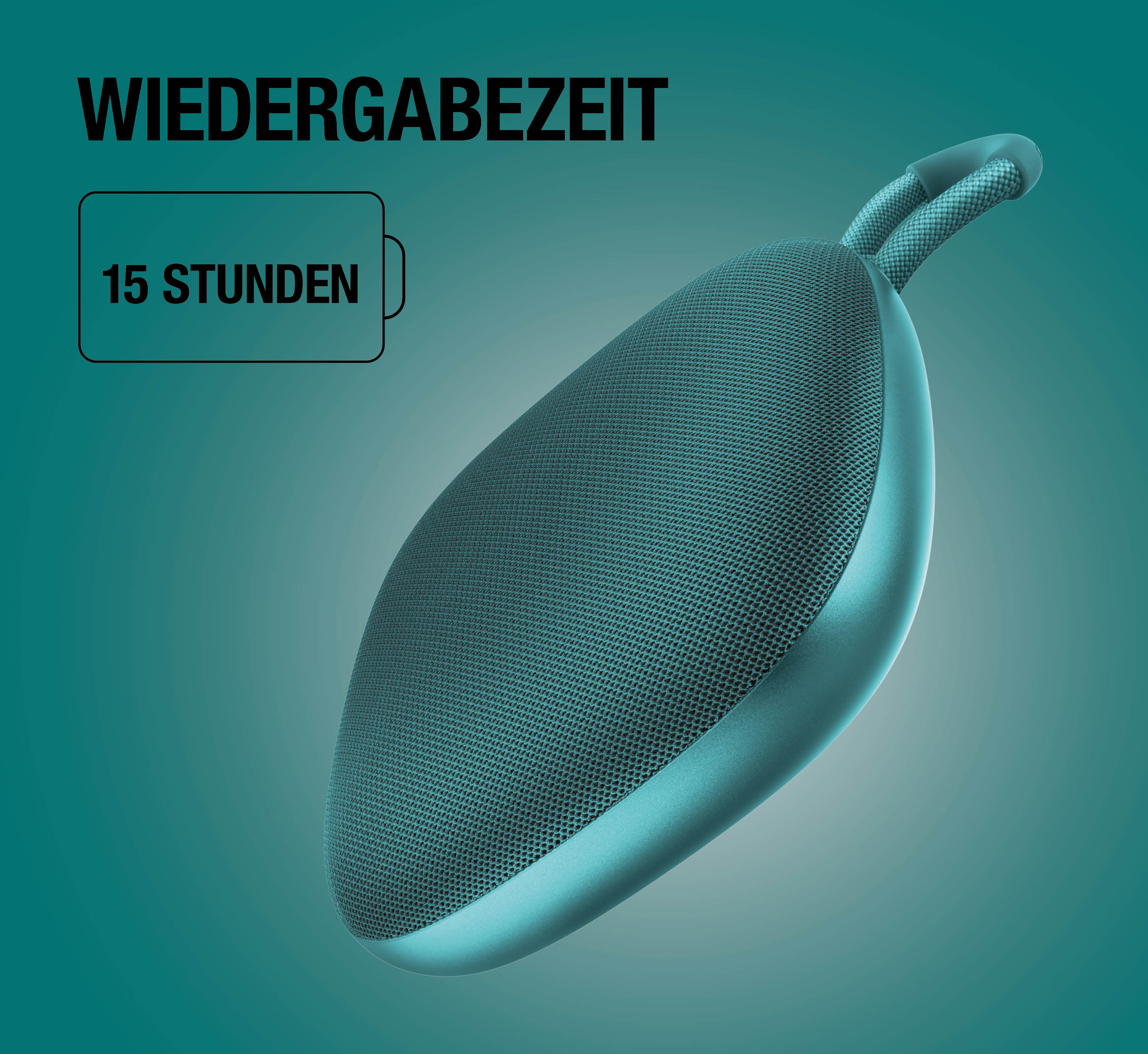 Ein tealfarbener Lautsprecher mit der Aufschrift '15 STUNDEN WIEDERGABEZEIT'.