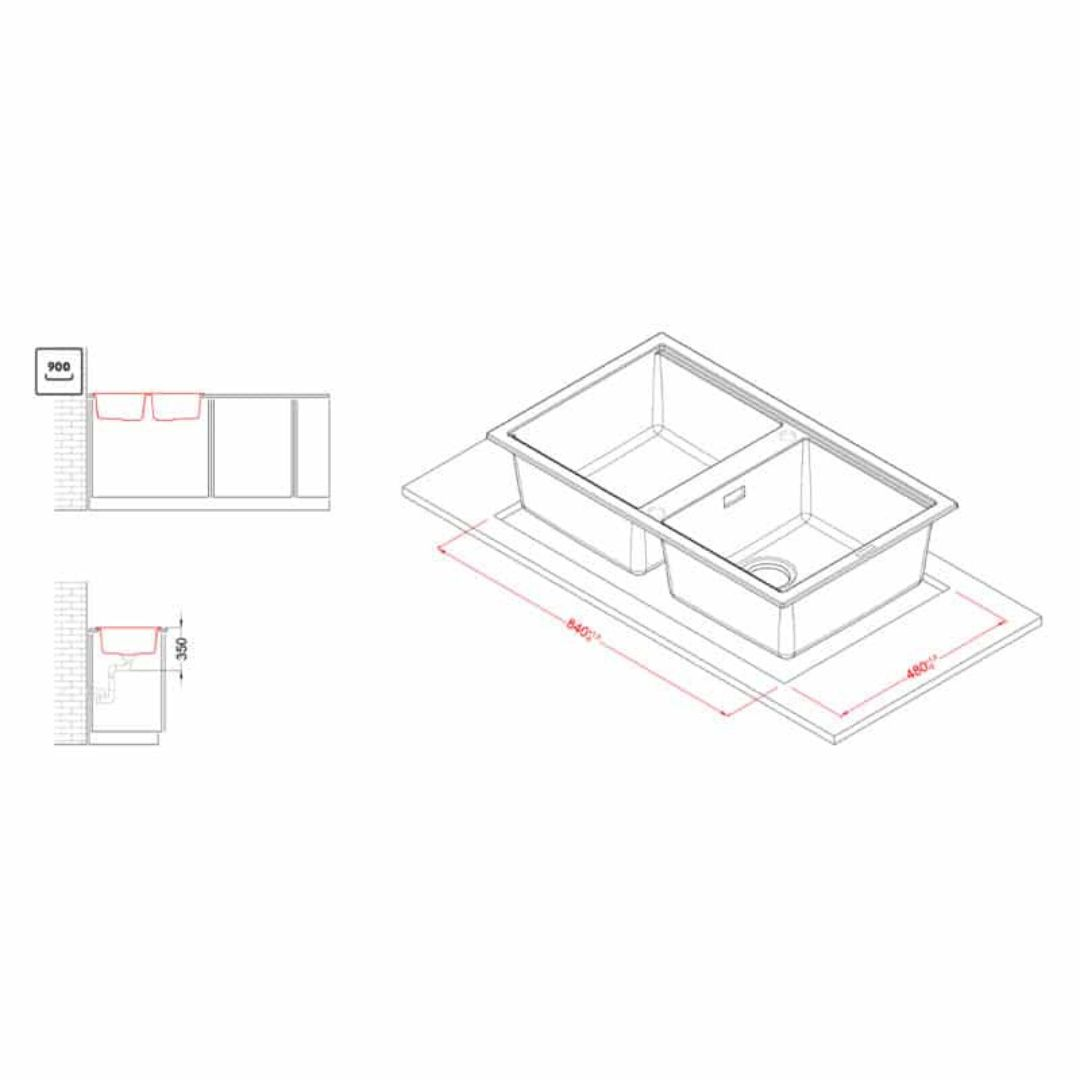 Due lavelli affiancati con dimensioni 840x480 e profondità 350.