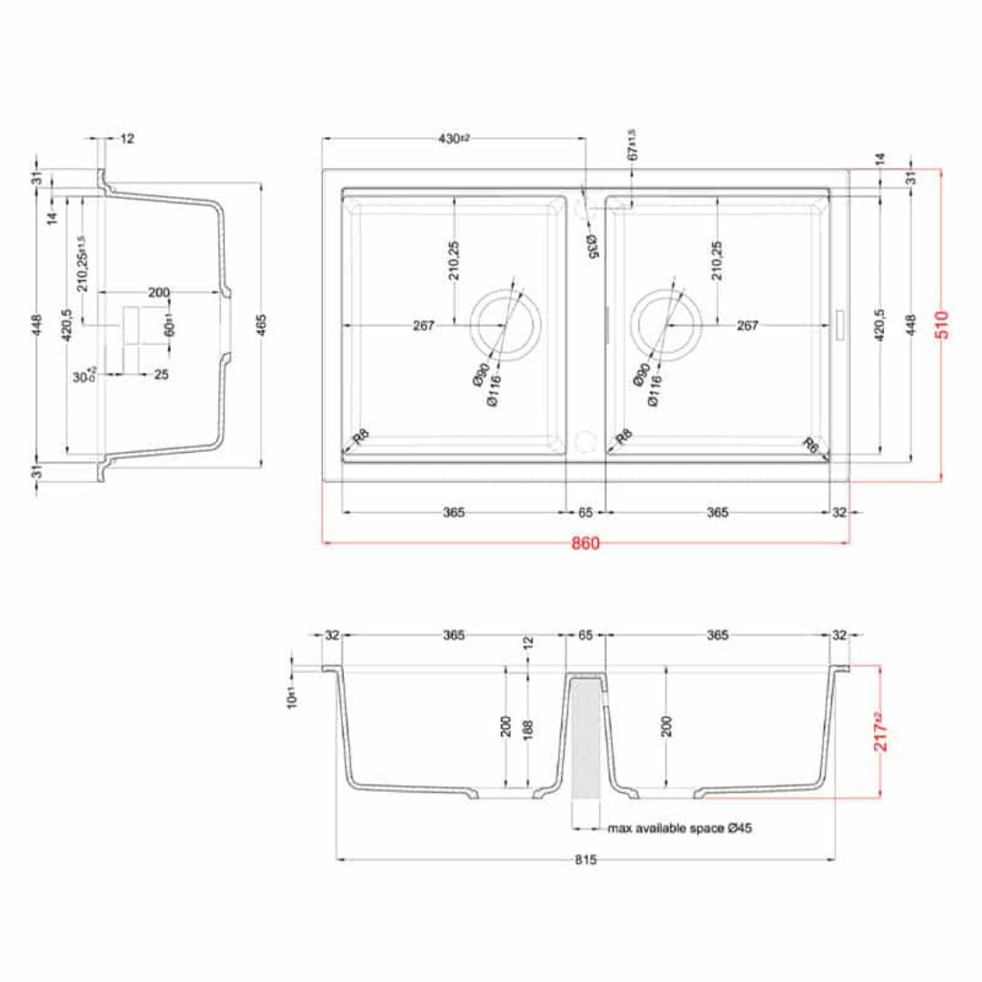 Disegno tecnico di un lavello doppio con dimensioni e dettagli.