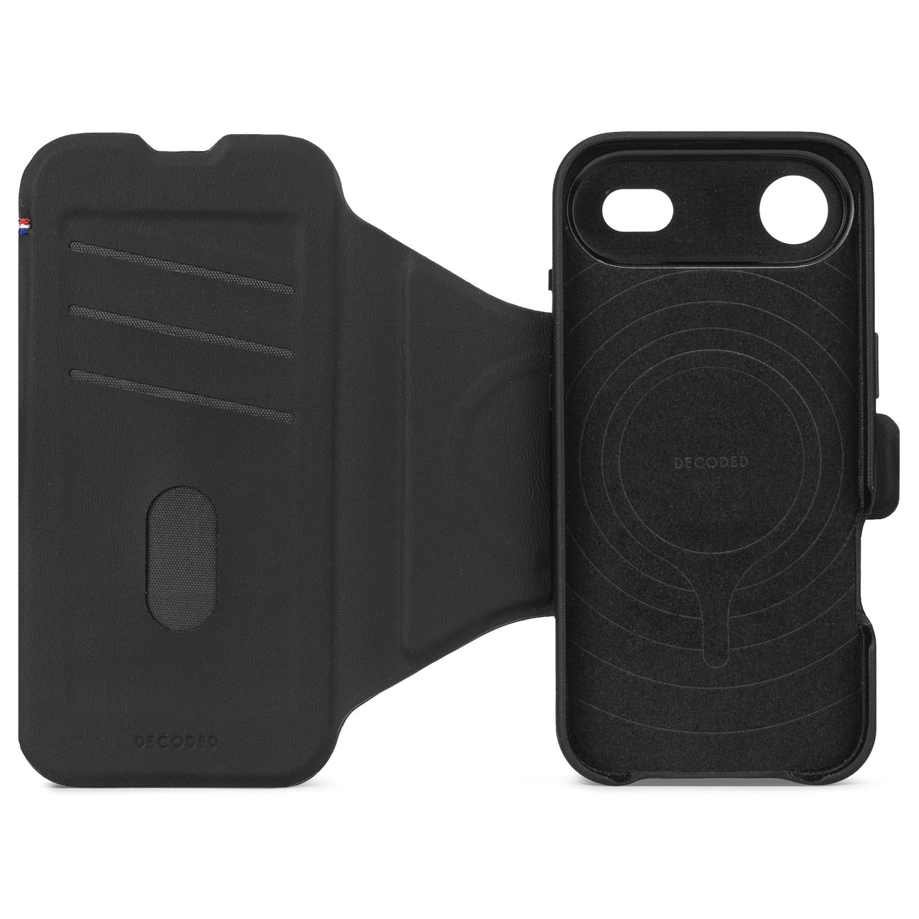 Schwarzes iPhone-Etui mit Kartenfächern und magnetischem Verschluss.