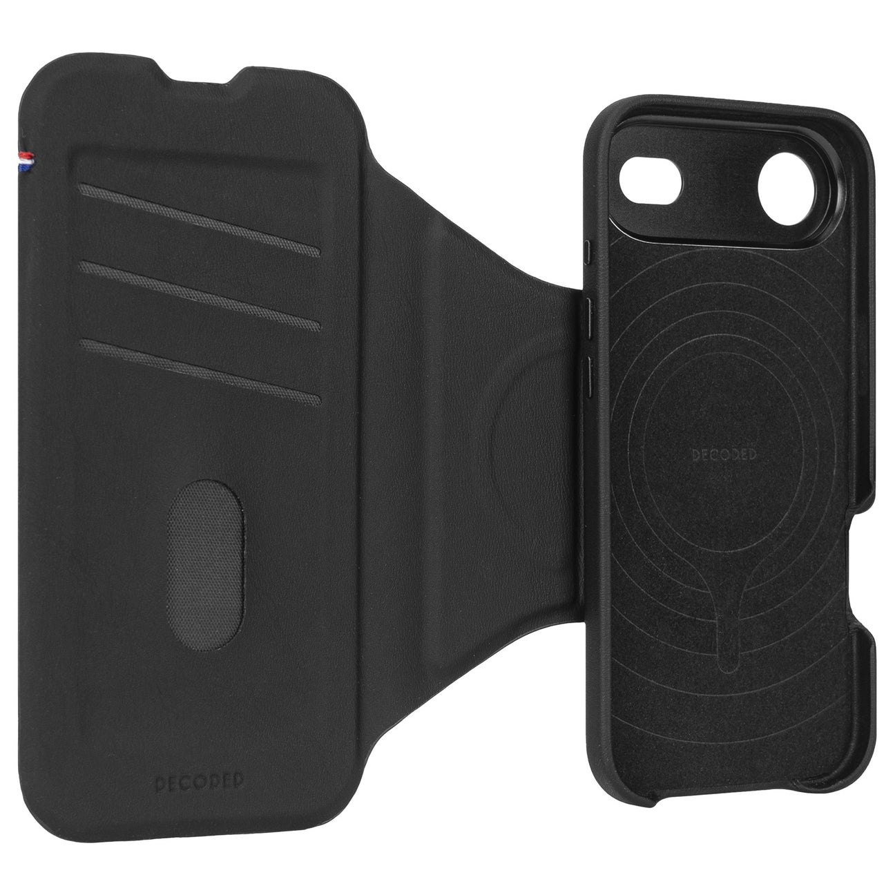 Schwarzes iPhone-Etui mit aufklappbarem Deckel und Kartenfächern.