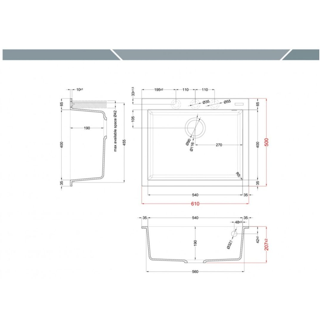 Disegno tecnico di un lavello con dimensioni e dettagli.