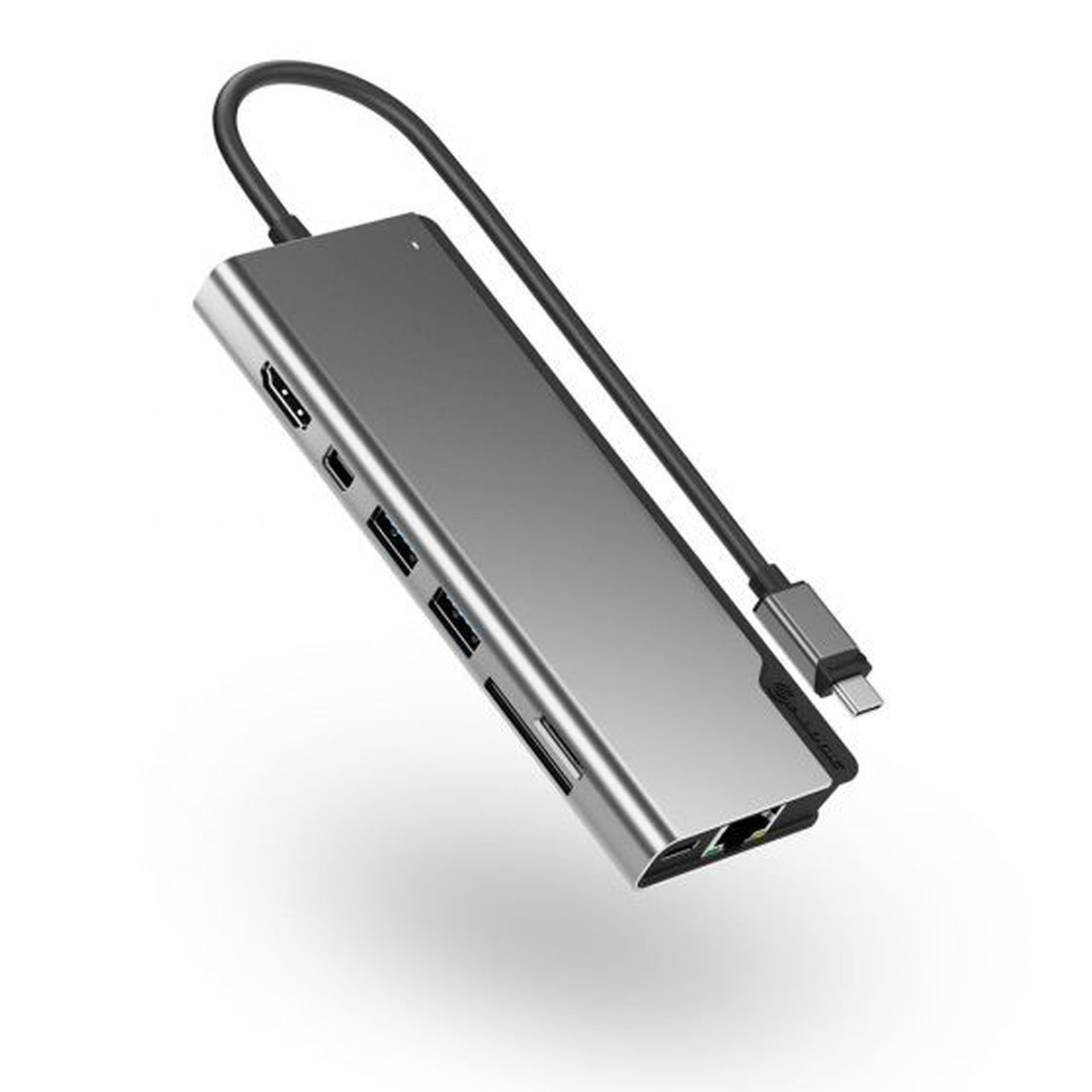 Hub USB-C grigio con porte HDMI, USB ed Ethernet.