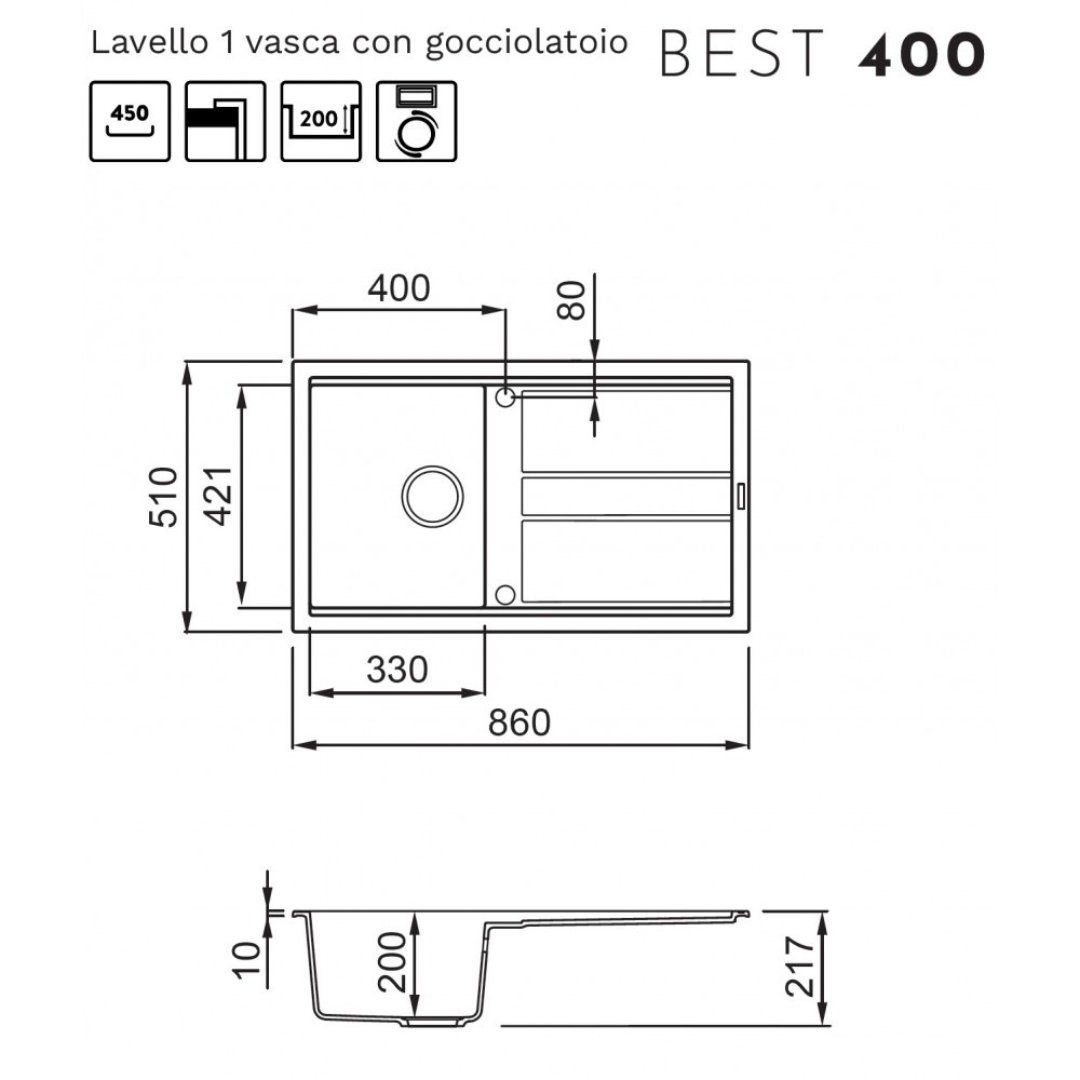 Disegno tecnico di lavello a 1 vasca con gocciolatoio, dimensioni indicate.