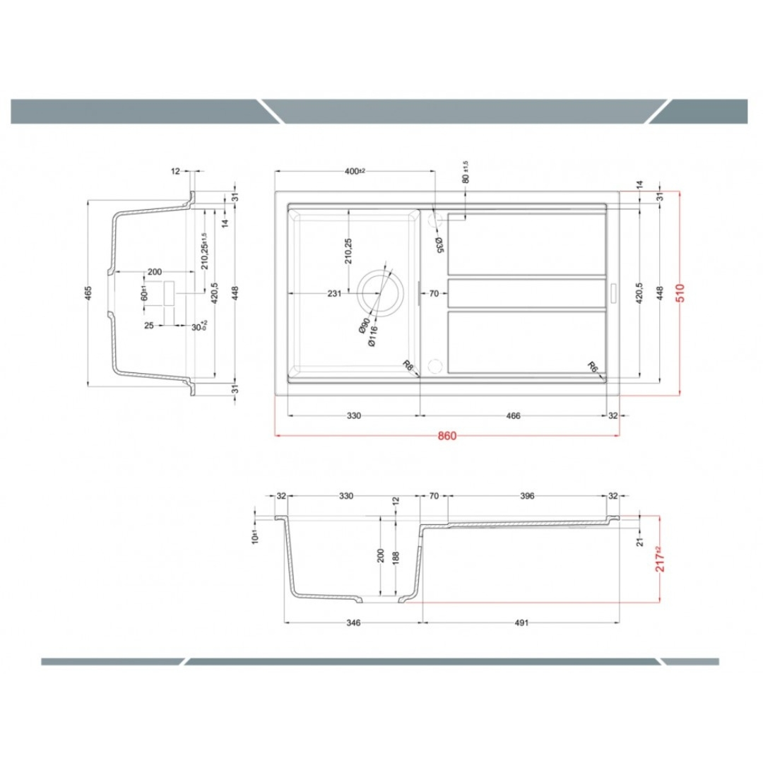 Disegno tecnico di un lavello con dimensioni. Viste dall'alto, laterale e frontale mostrate.
