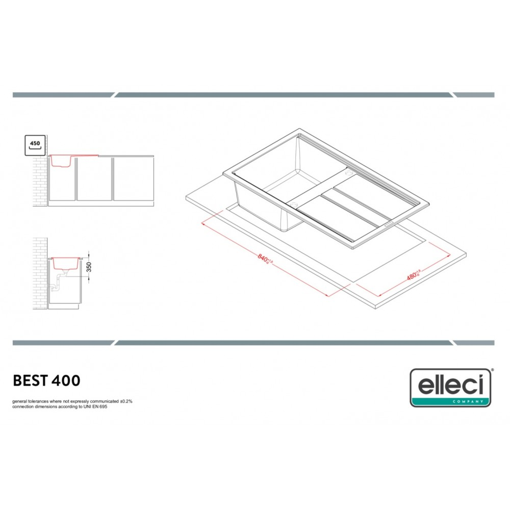 Disegno tecnico di un lavello da 840x480 mm.